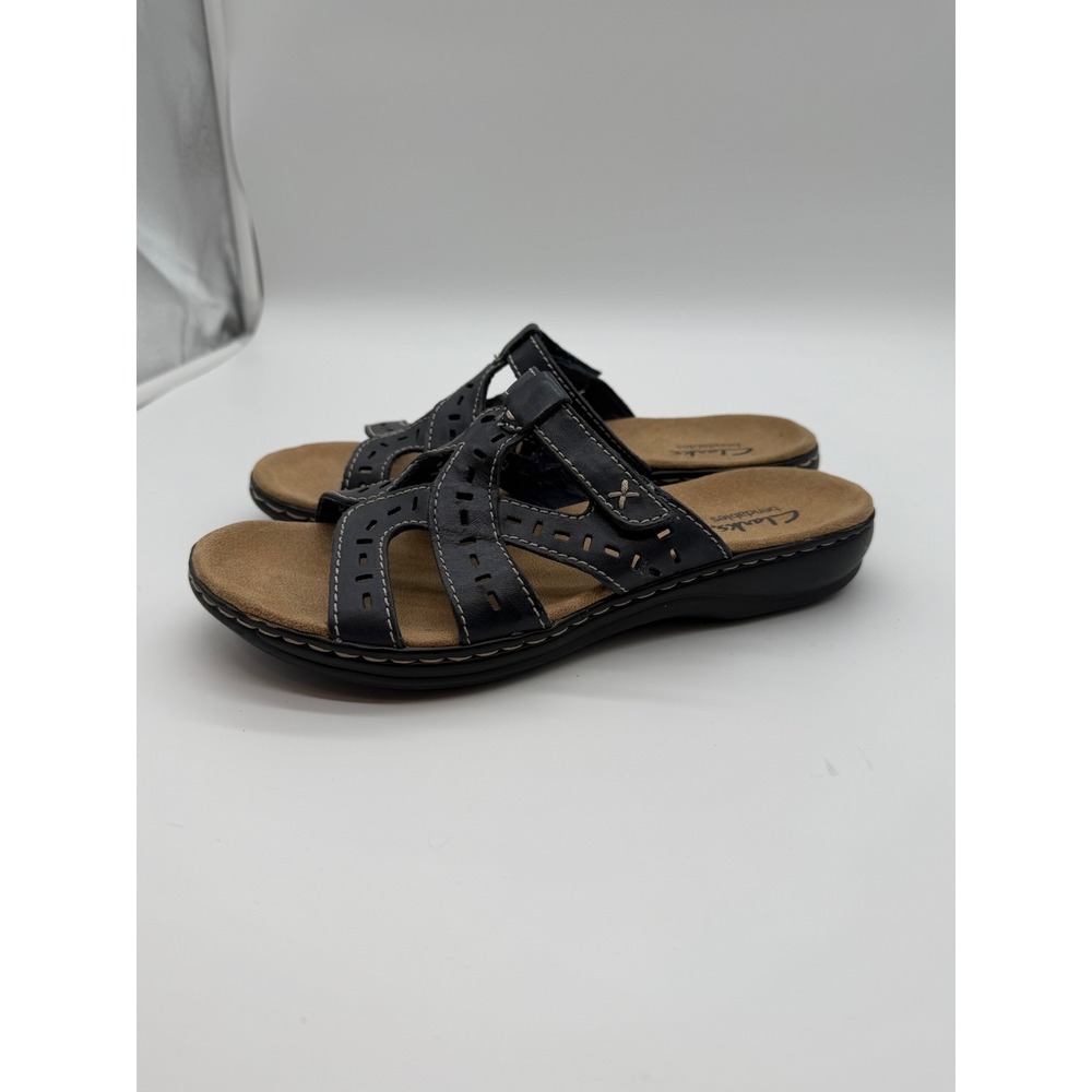 Clarks Bendables Womens 7M Black Leather Laser Cut Slide Sandals